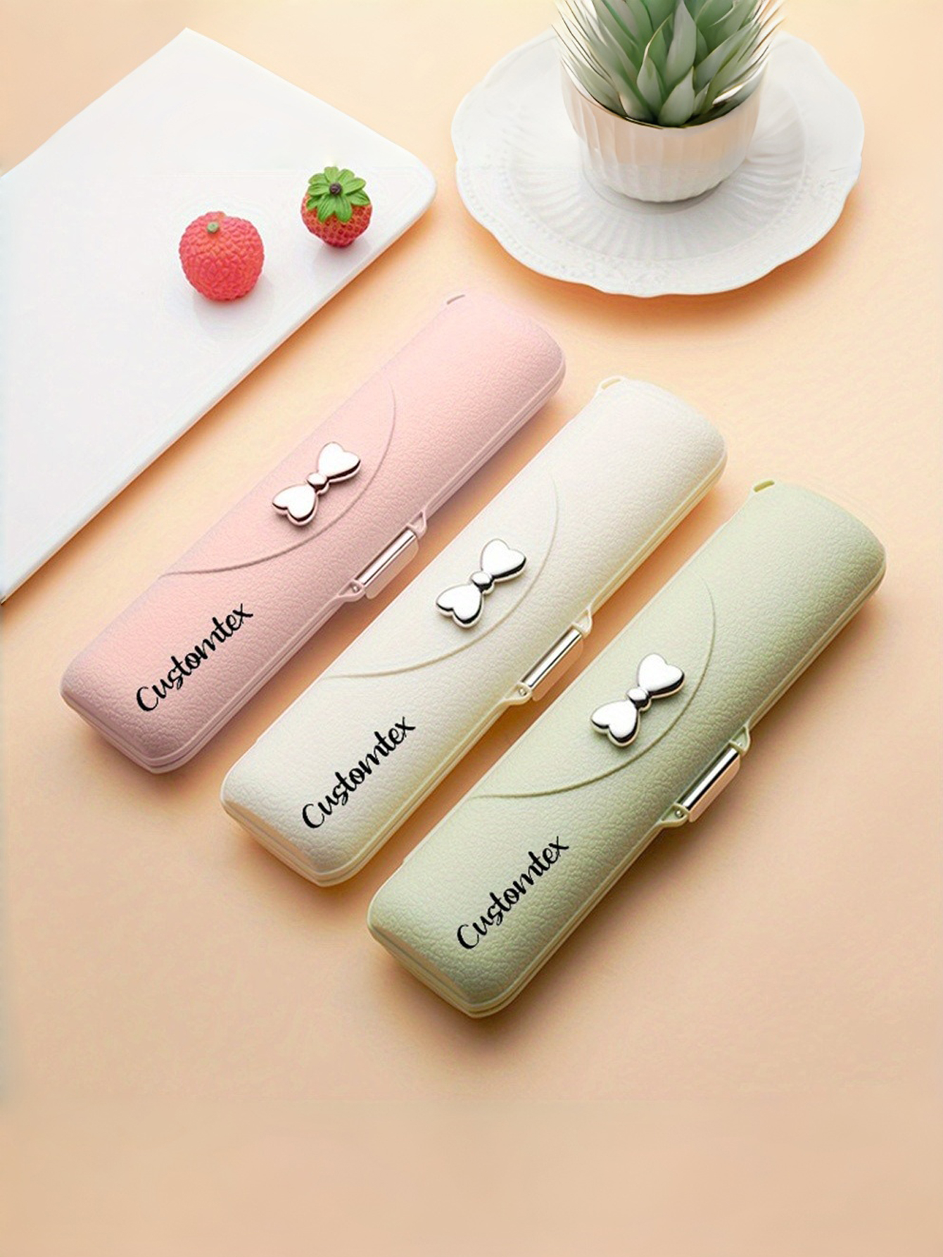 ustom Text Bow Portable Cutlery Set - Stainless Steel Spoon, Fork, and Chopsticks Trio with Plastic Handles, Includes Spoon, Fork, Chopsticks, and Storage Case